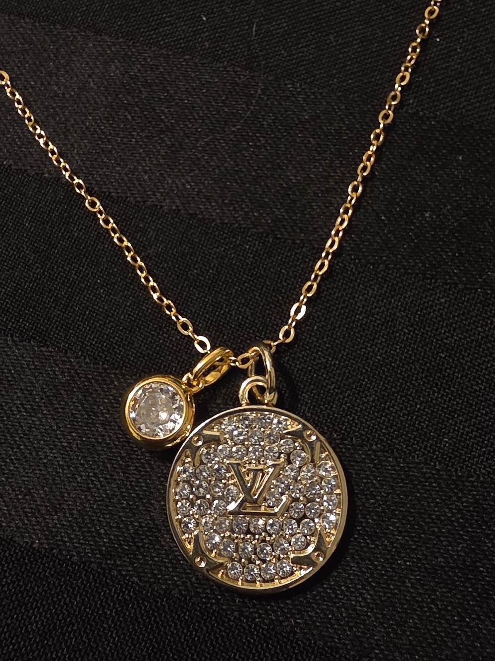 Upcycled Louis Vuitton Gold Pavé Crystal Round Pendant With 1 Ct Moissanite - Picture 3 of 8